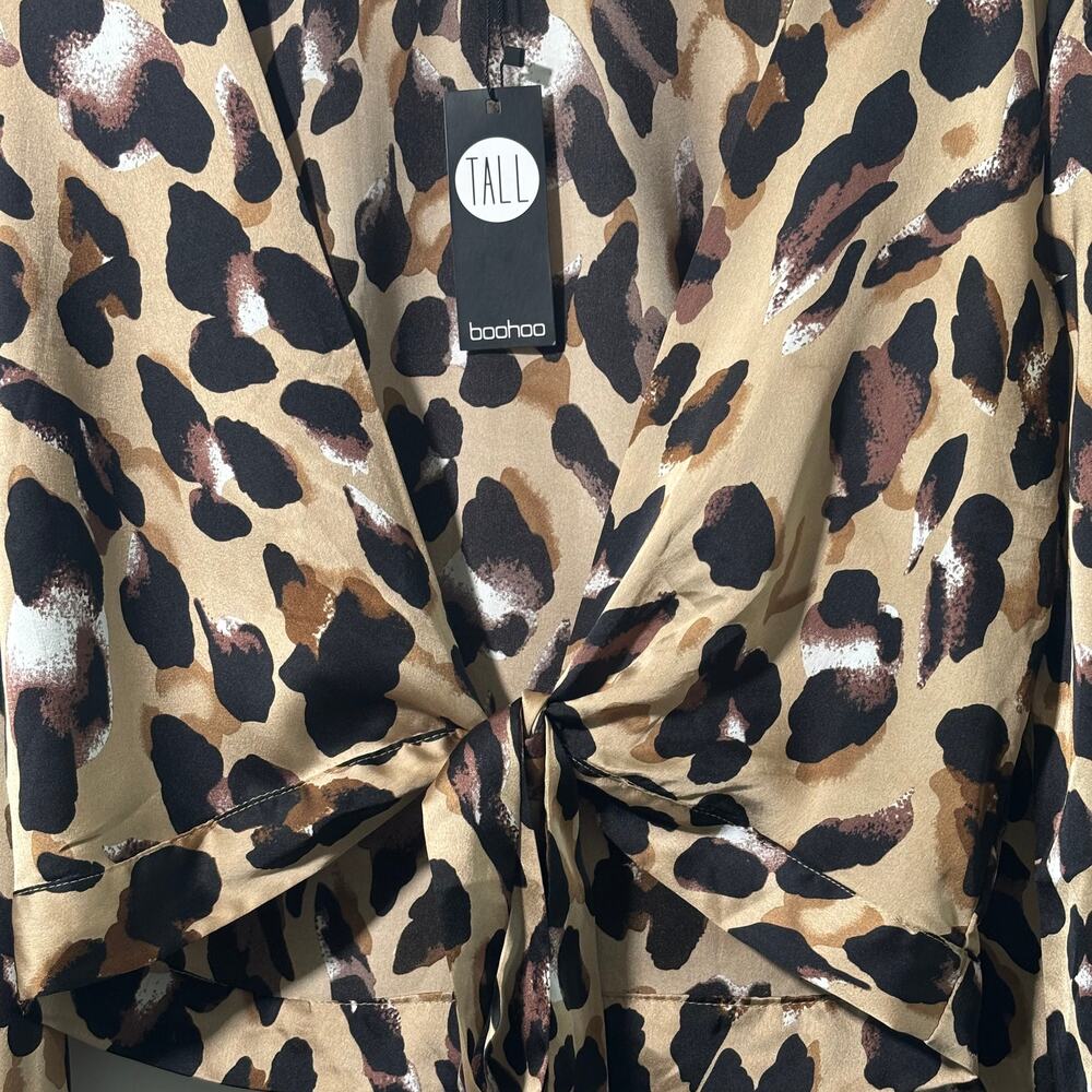 Boohoo Tall Satin Leopard Print Wrap Top – Size 4 - Picture 2 of 8